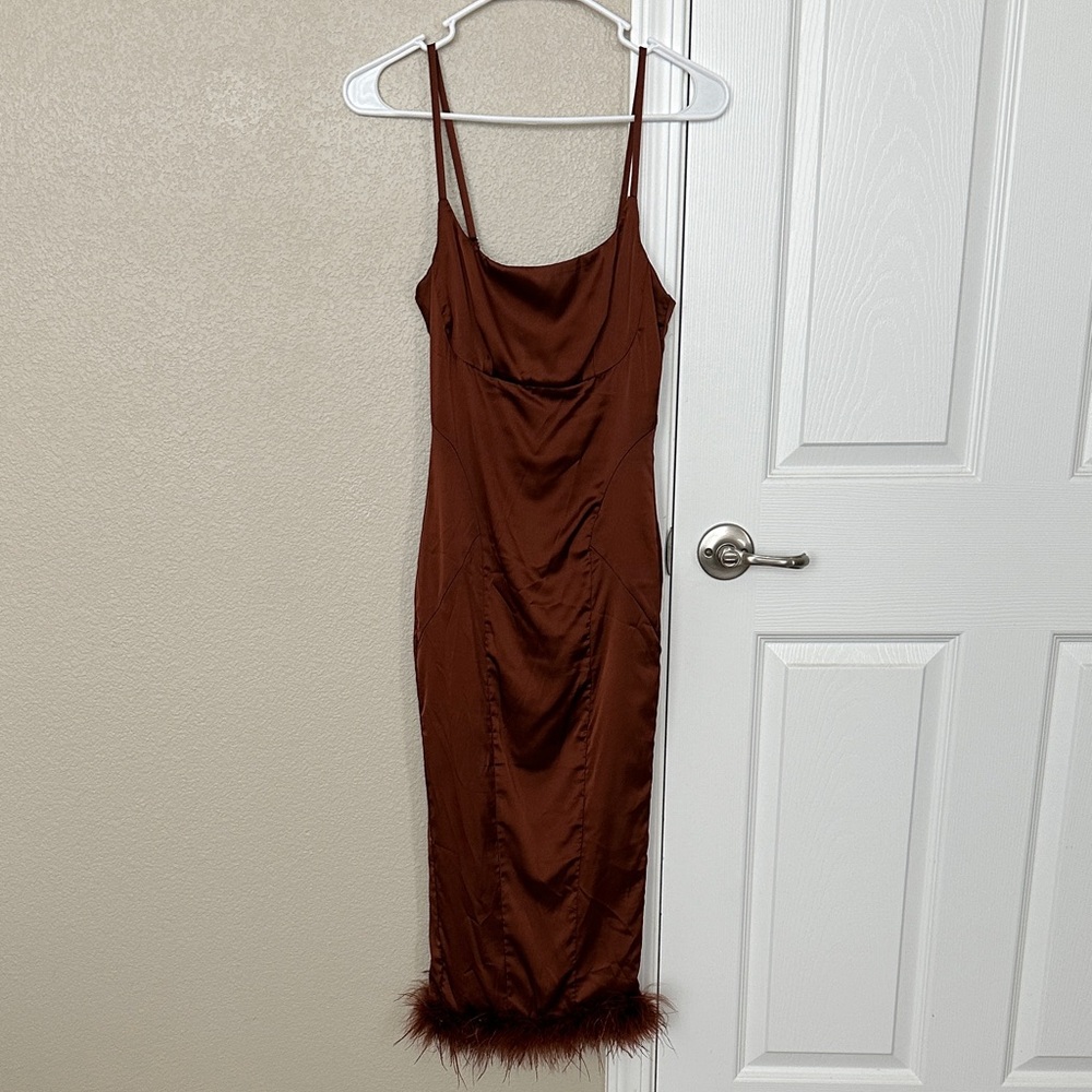 Fashion Nova Brown Satin Freys Feather Midi dress